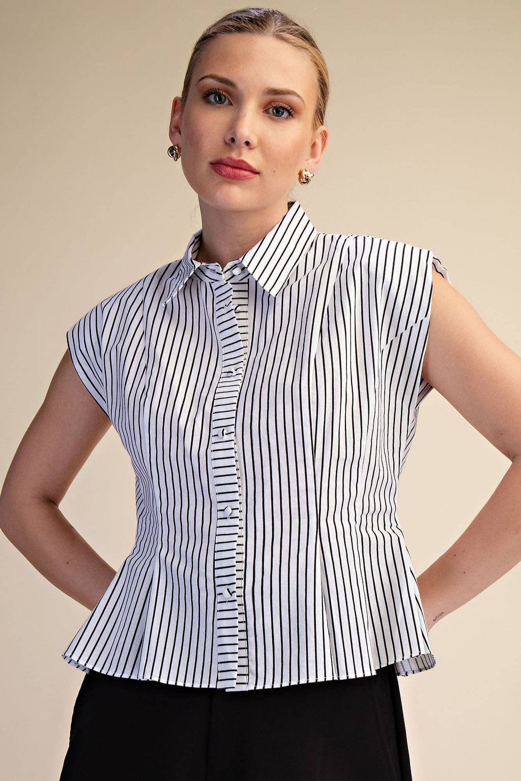 Sleeveless Button Down Pintuck Shirt