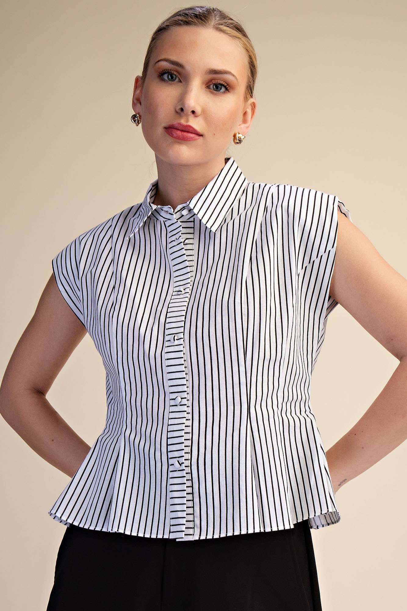 Sleeveless Button Down Pintuck Shirt