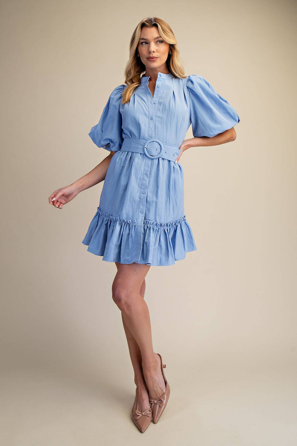 Short-Sleeve Button-Front Belted Mini Dress