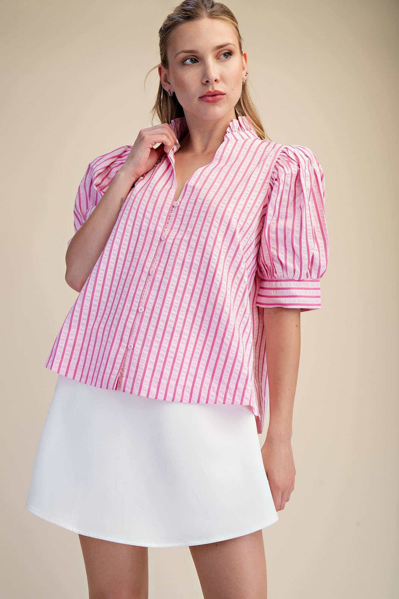 Ruffle V-neck Puff Sleeve Button Down Shirt
