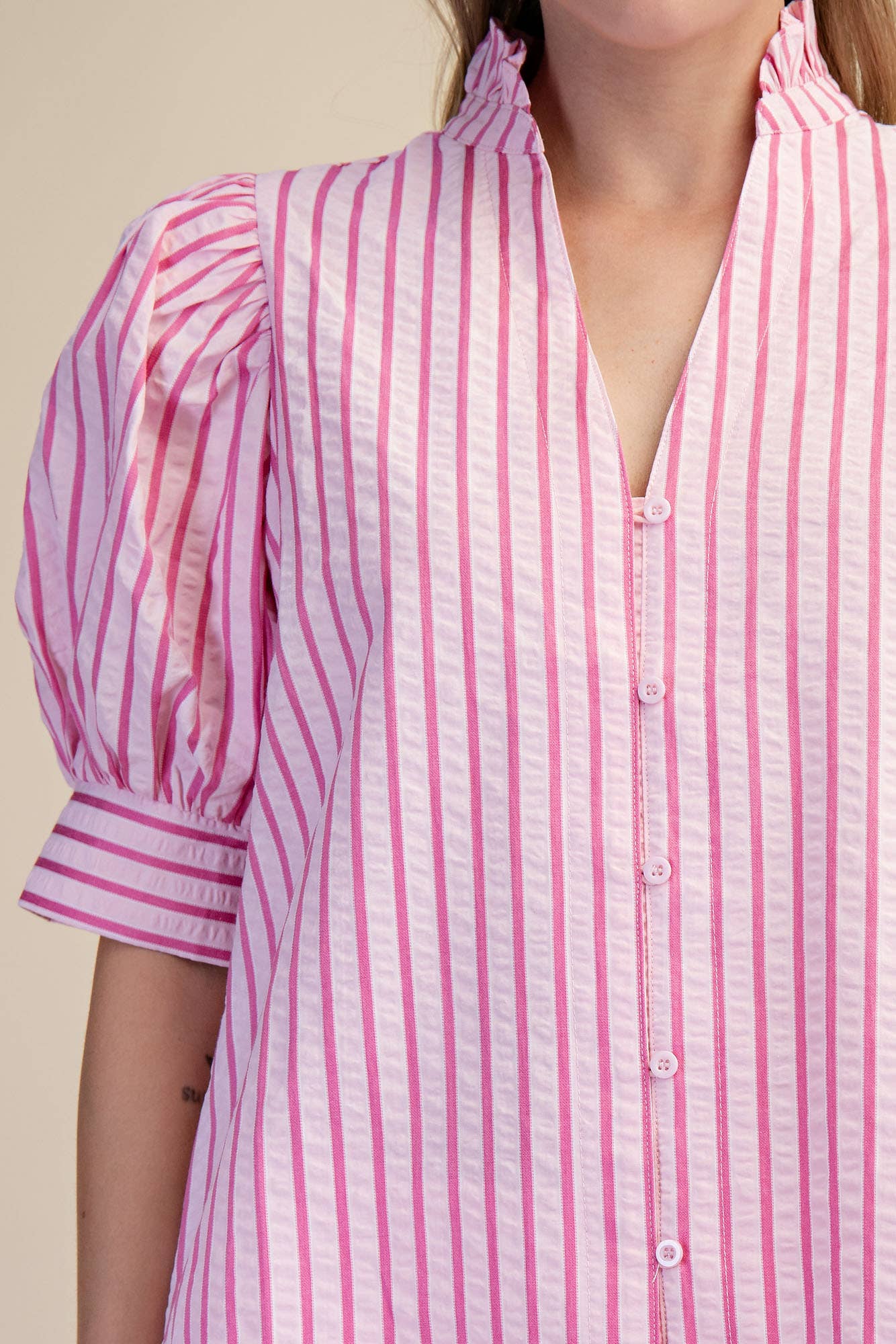 Ruffle V-neck Puff Sleeve Button Down Shirt