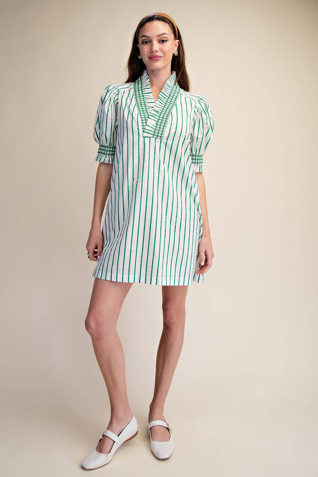 Ruffle V-Neck Smocked Puff Sleeve Stripe Mini Dress