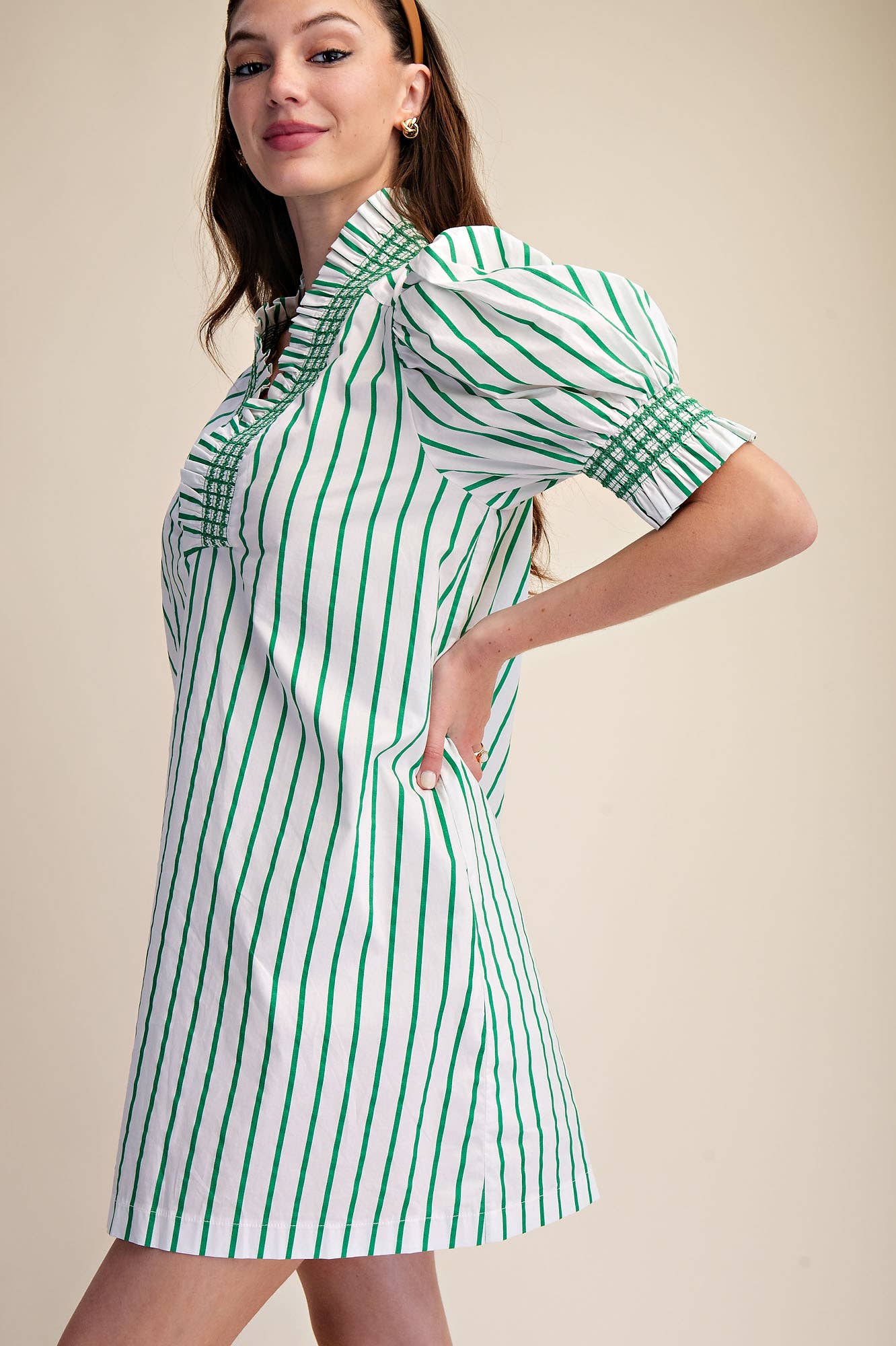 Ruffle V-Neck Smocked Puff Sleeve Stripe Mini Dress
