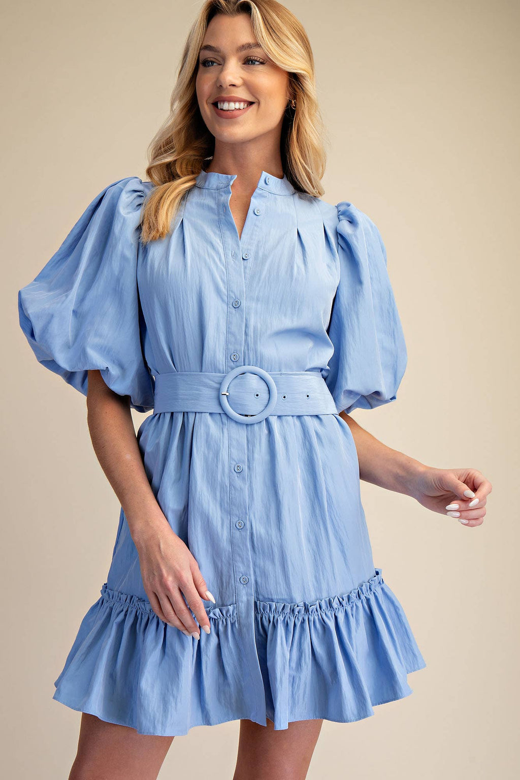 Short-Sleeve Button-Front Belted Mini Dress
