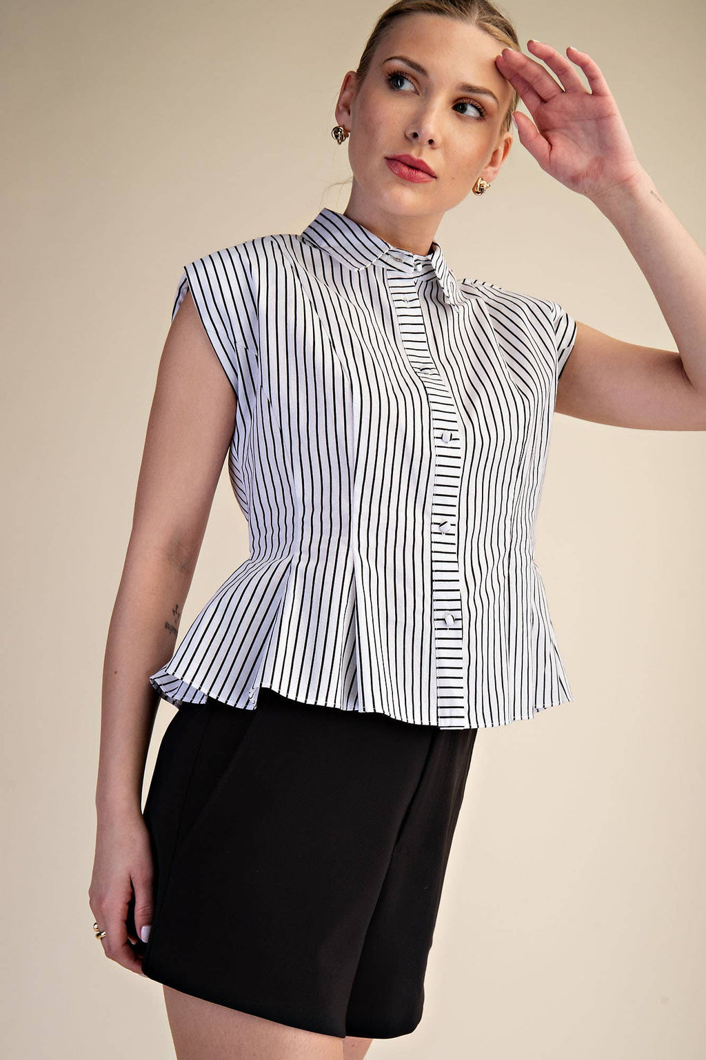 Sleeveless Button Down Pintuck Shirt