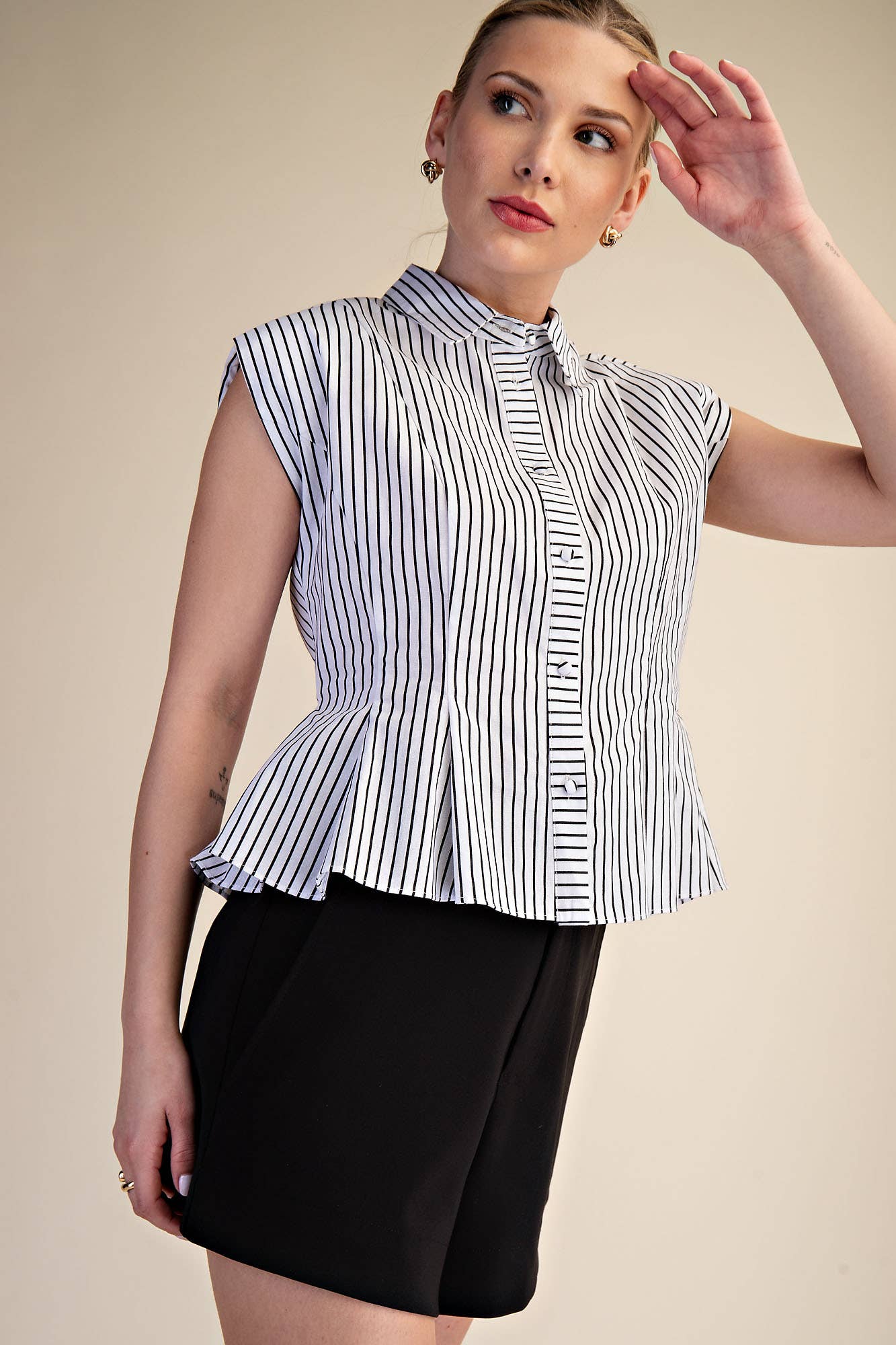 Sleeveless Button Down Pintuck Shirt