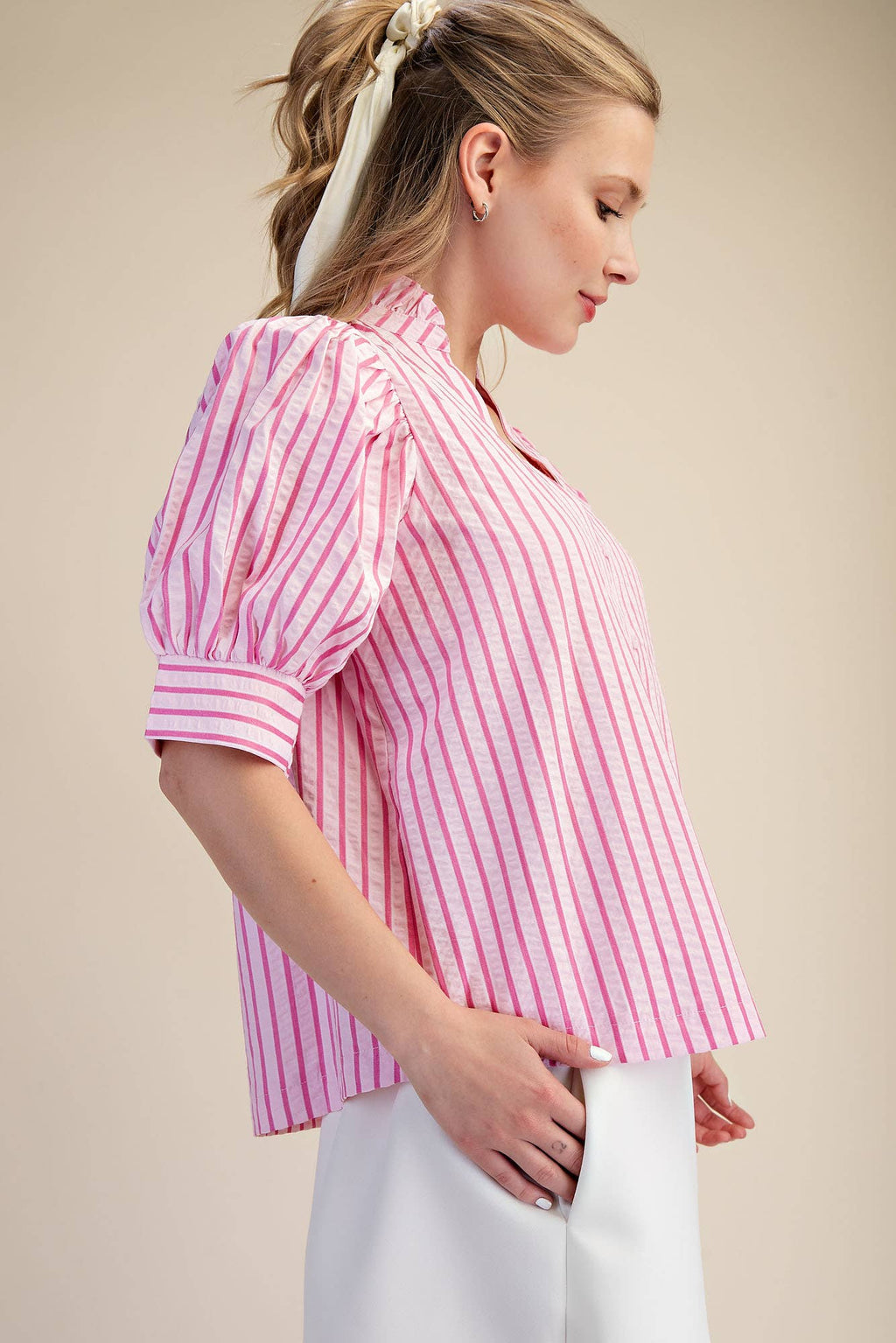 Ruffle V-neck Puff Sleeve Button Down Shirt