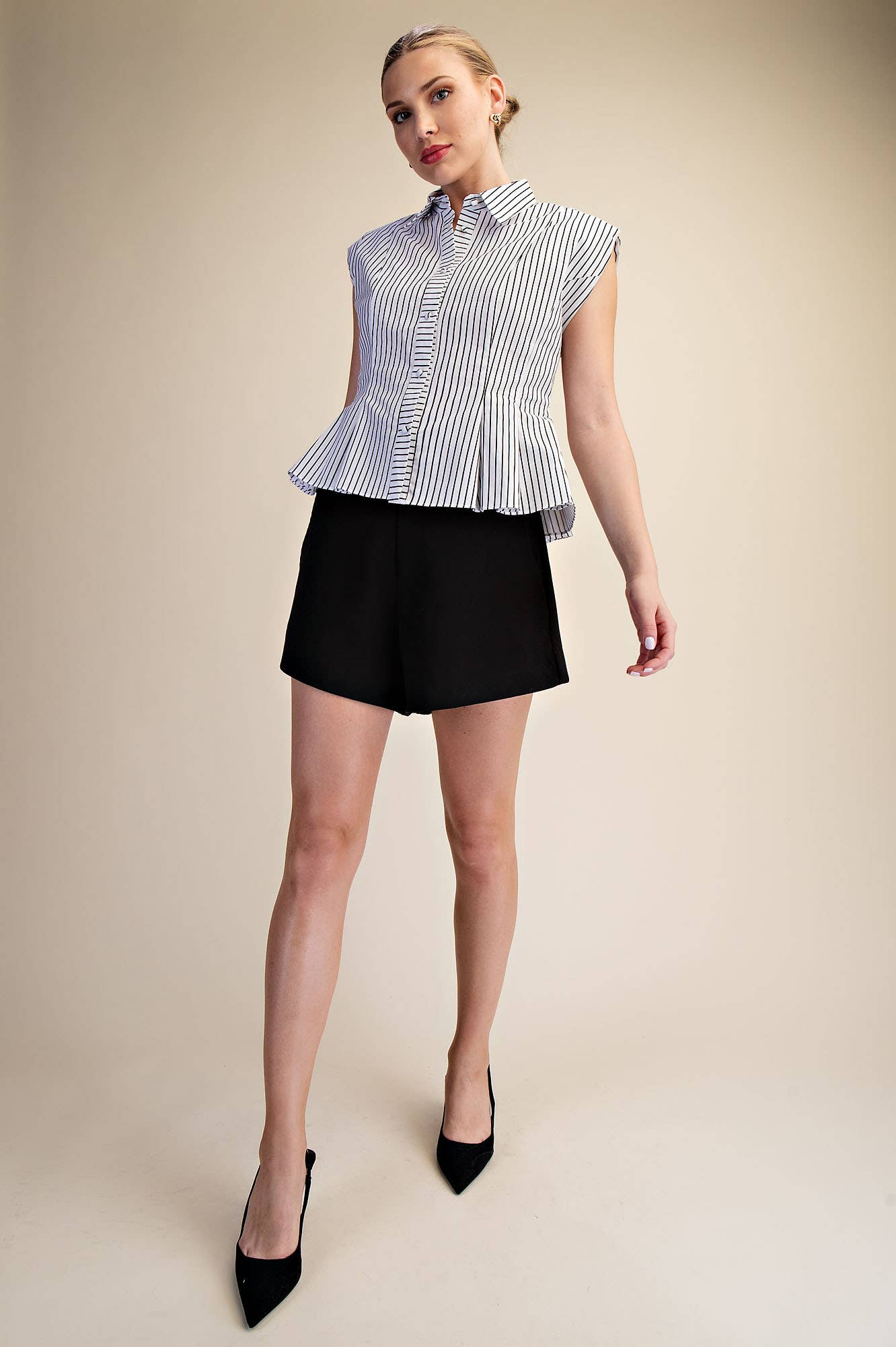 Sleeveless Button Down Pintuck Shirt