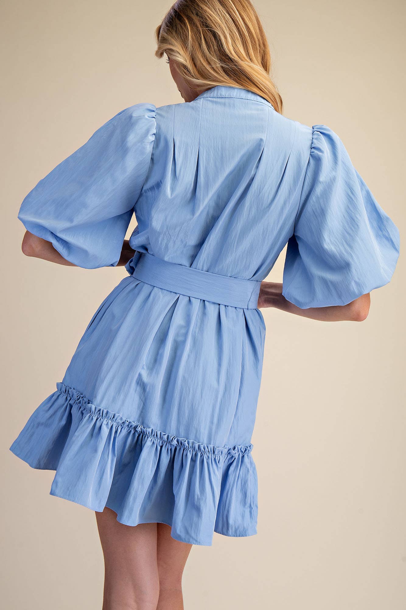 Short-Sleeve Button-Front Belted Mini Dress