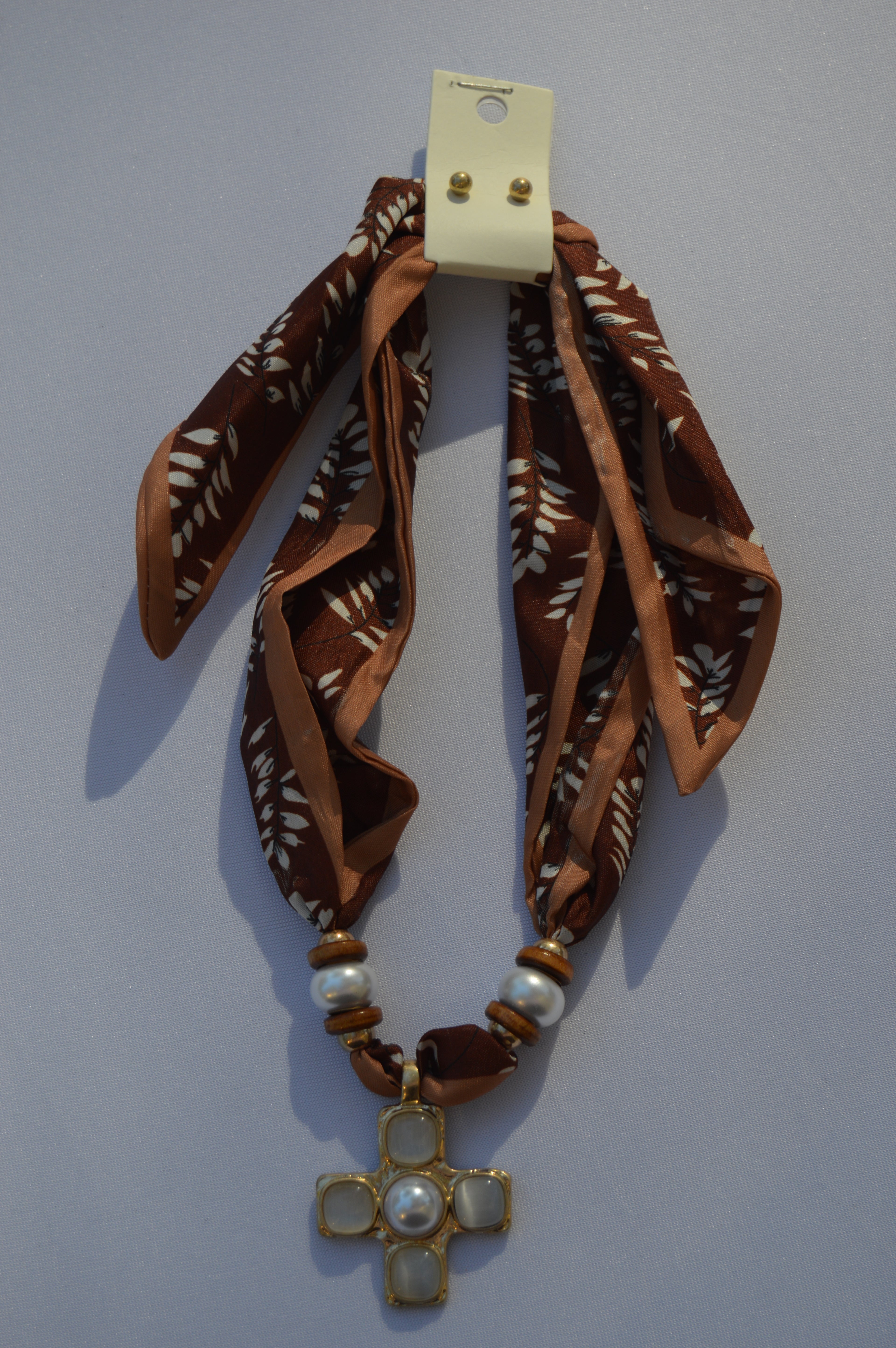 Rustic Pearl Cross Scarf Necklace