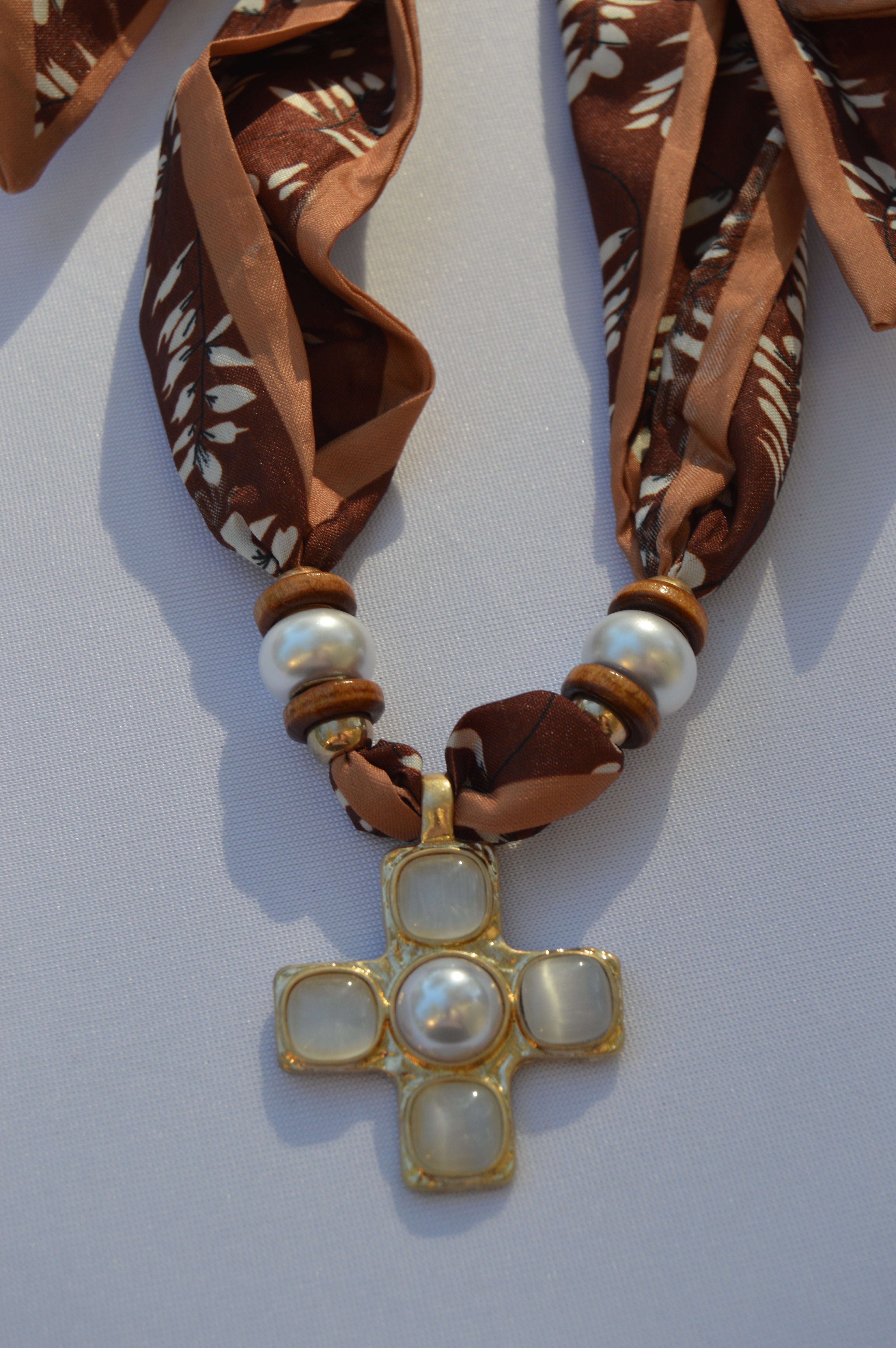 Rustic Pearl Cross Scarf Necklace