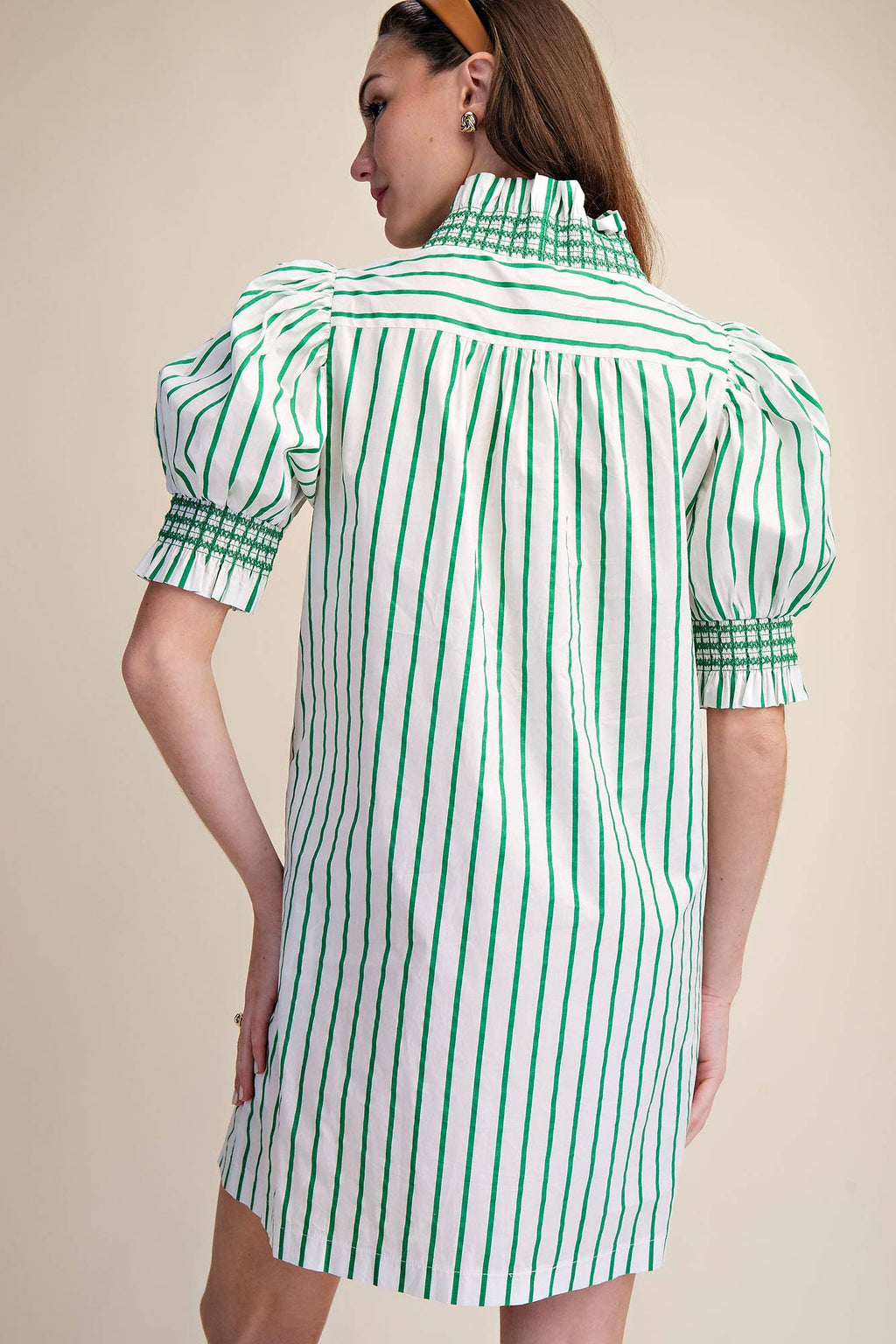 Ruffle V-Neck Smocked Puff Sleeve Stripe Mini Dress