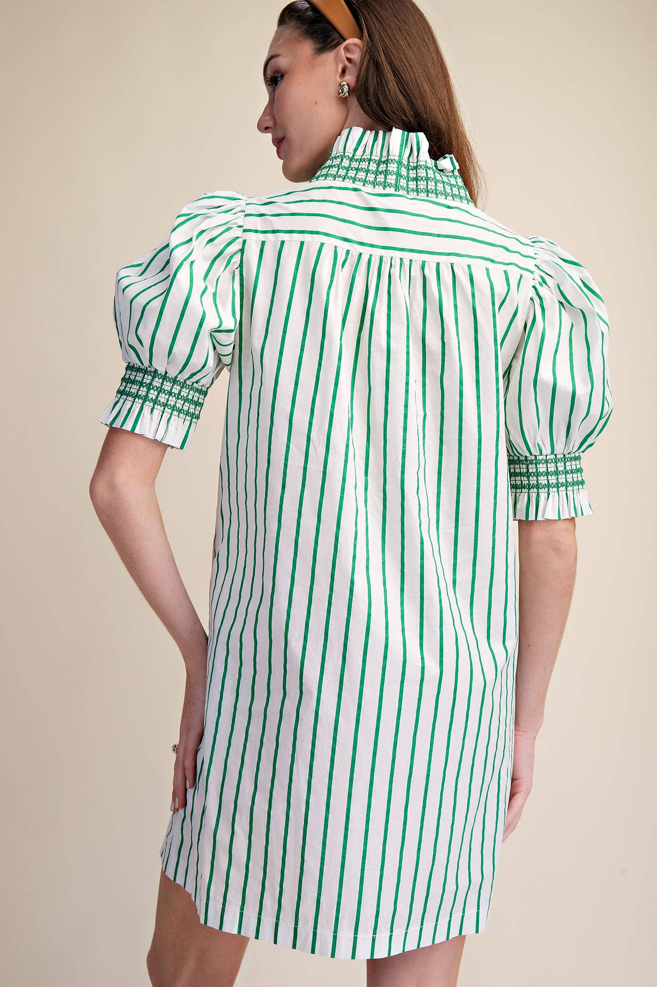 Ruffle V-Neck Smocked Puff Sleeve Stripe Mini Dress