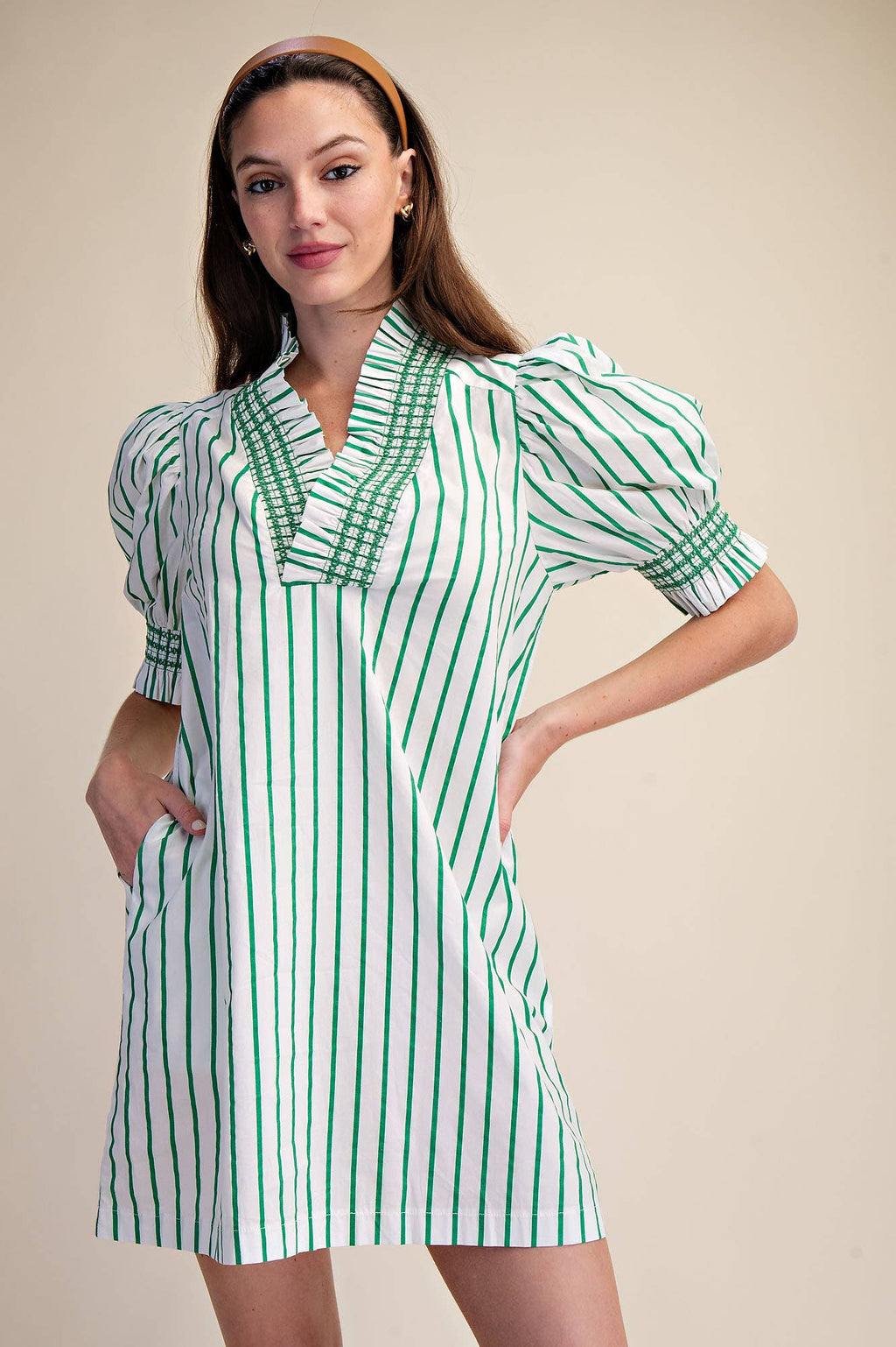 Ruffle V-Neck Smocked Puff Sleeve Stripe Mini Dress