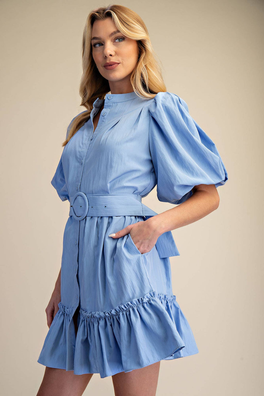 Short-Sleeve Button-Front Belted Mini Dress