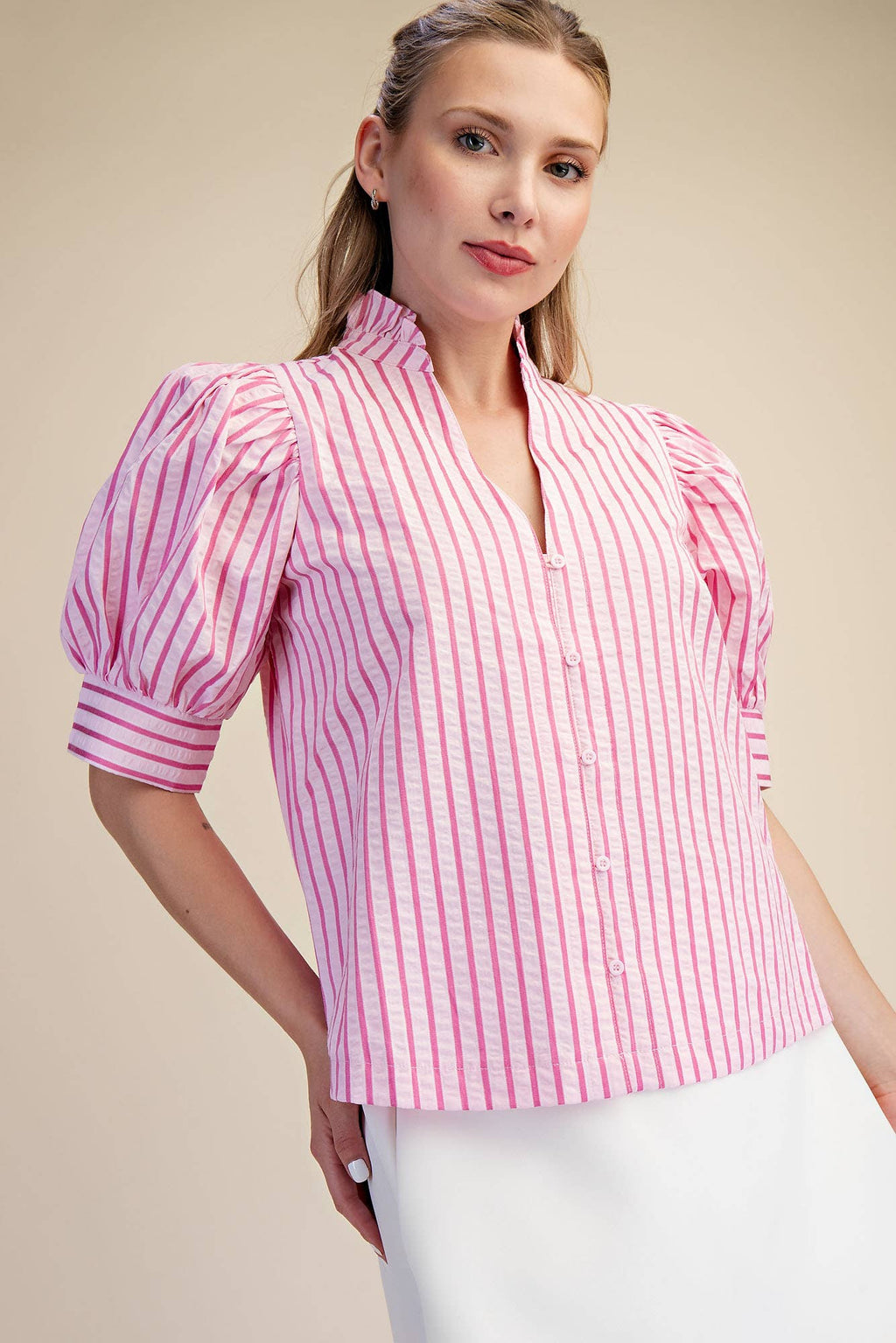 Ruffle V-neck Puff Sleeve Button Down Shirt