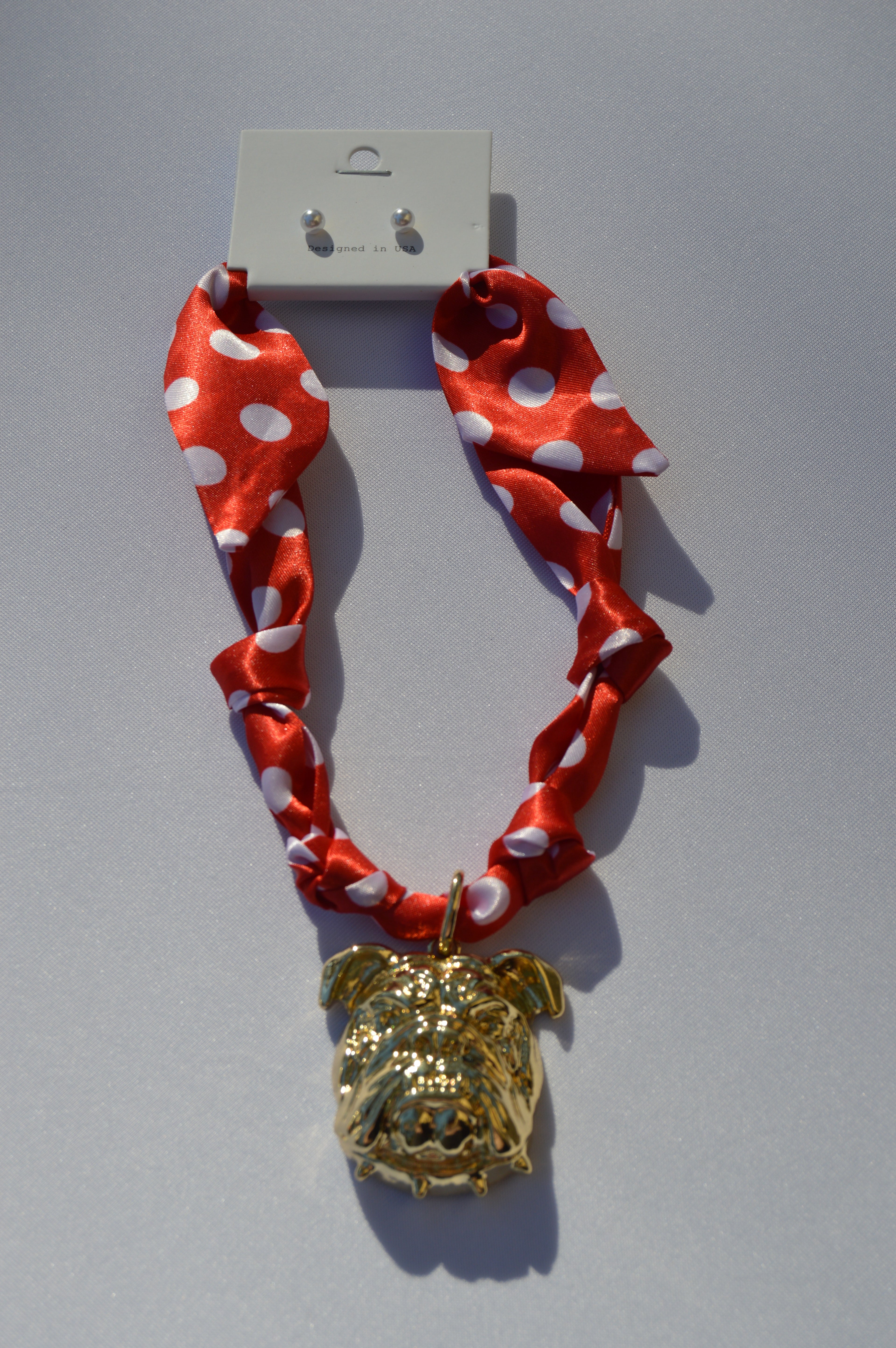 Bulldog Scarf Necklace - Red Polka Dot