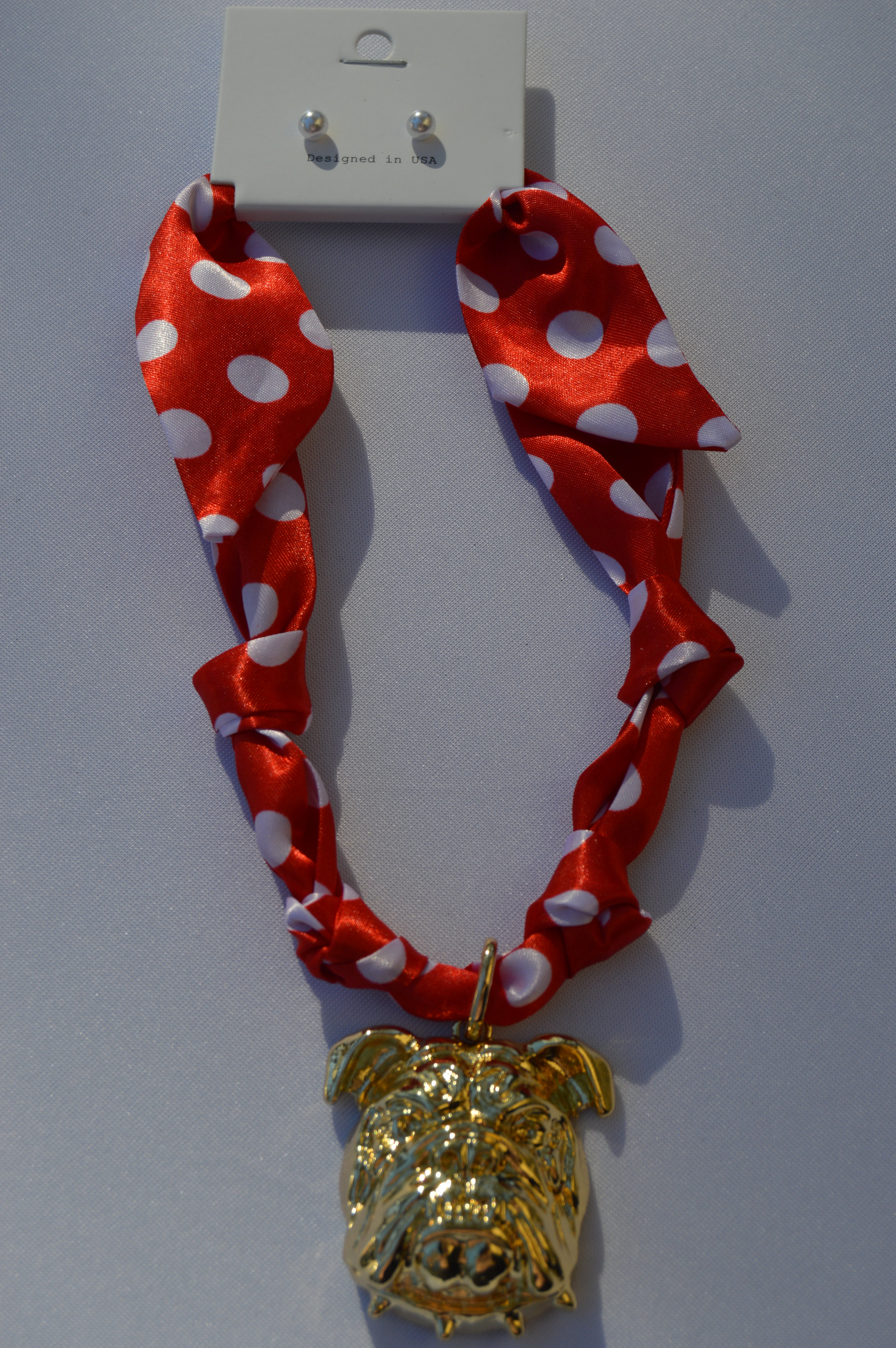 Bulldog Scarf Necklace - Red Polka Dot