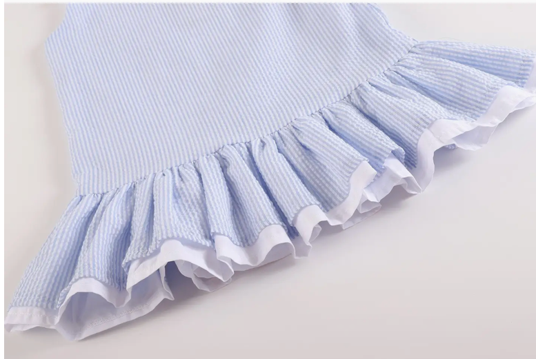 Light Blue Seersucker Ruffle Dress