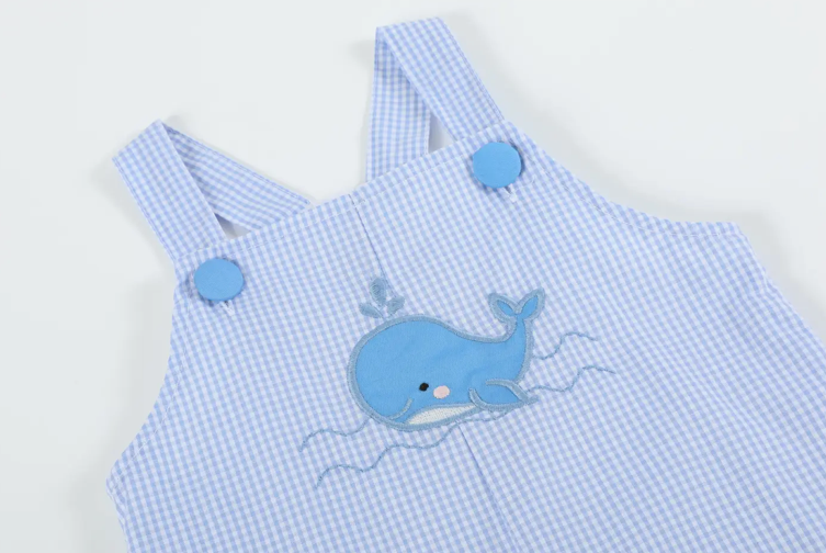 Blue Gingham Whale Overall Shortalls
