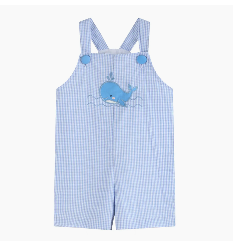 Blue Gingham Whale Overall Shortalls